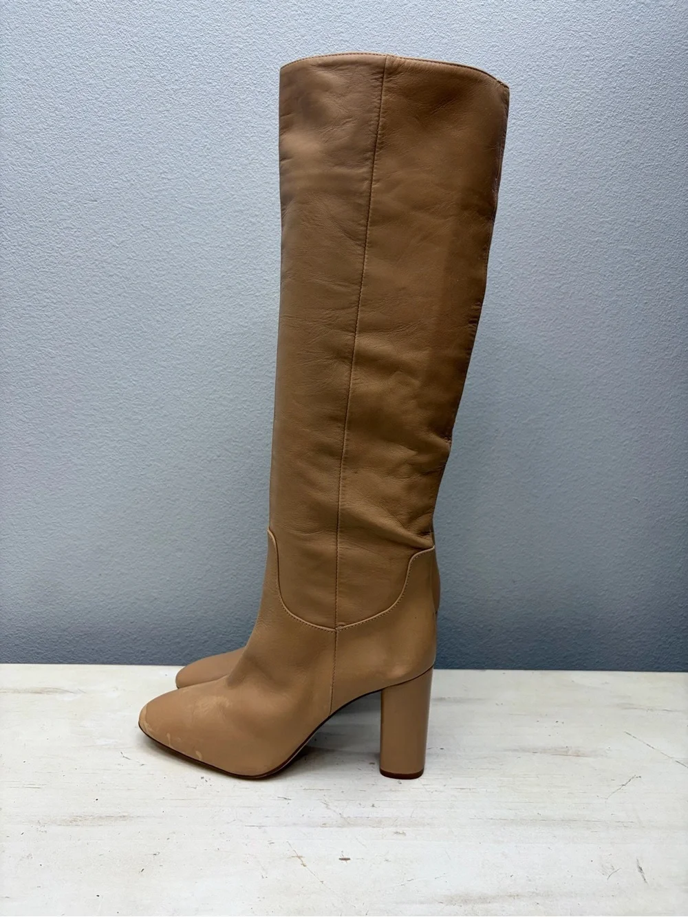 Zara Beige Leather Over The Knee Heel Boots Size 40